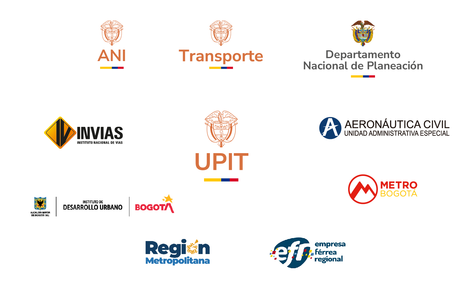 Logos de las entidades nacionales, distritales y regionales que conforman la Mesa de Gobierno BIM del sector transporte.