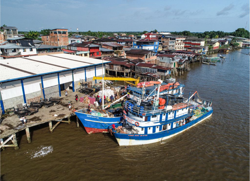 Aerofotografía del municipio de Guapi en la que se ven dos barcos atracados en su muelle.