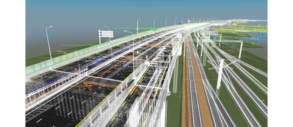 Diseño o dibujo en líneas o vectores de un puente y las vías que atraviesa para diferentes modos de transporte