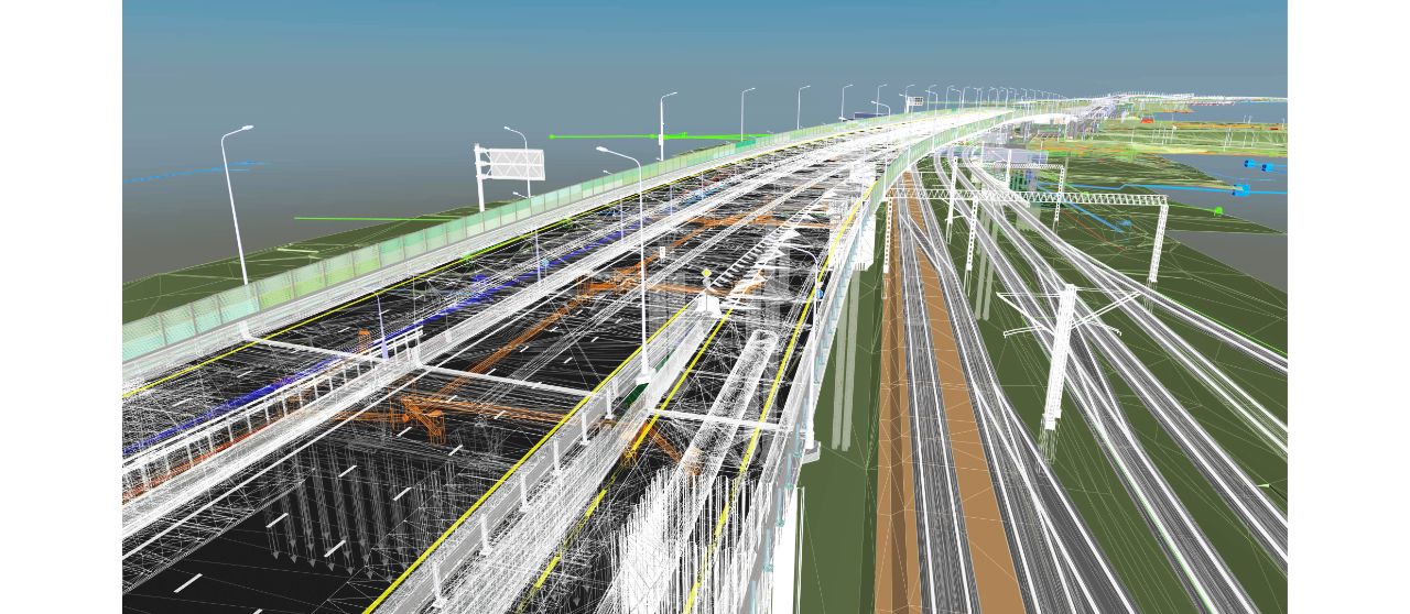 Diseño o dibujo en líneas o vectores de un puente y las vías que atraviesa para diferentes modos de transporte